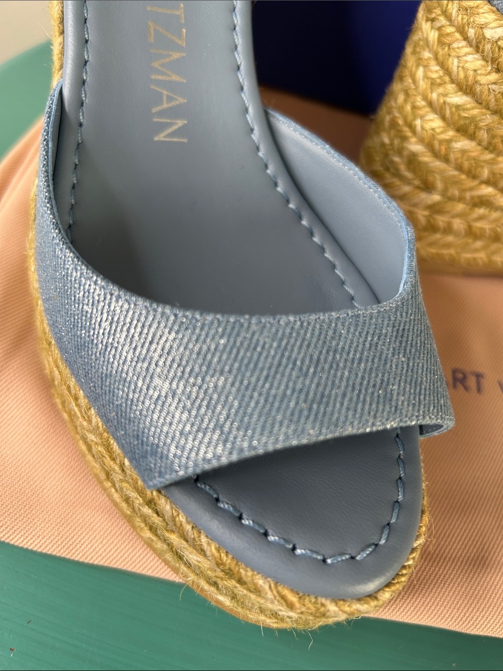 Stuart Weitzman Nudistia Metallic Denim Blue Espadrille Wedge Sandal Ankle Strap - Picture 3 of 10